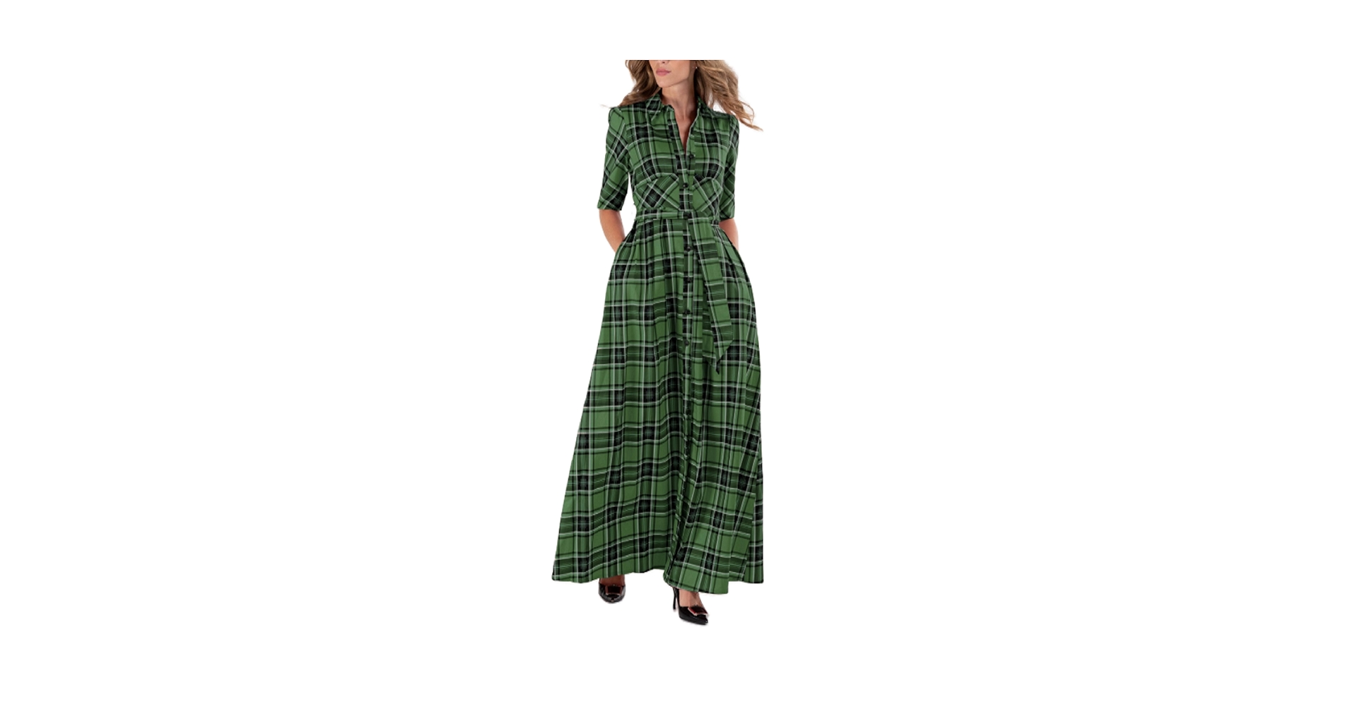 Christmas Plaid Maxi Dress with Belt for Women Half Sleeve A